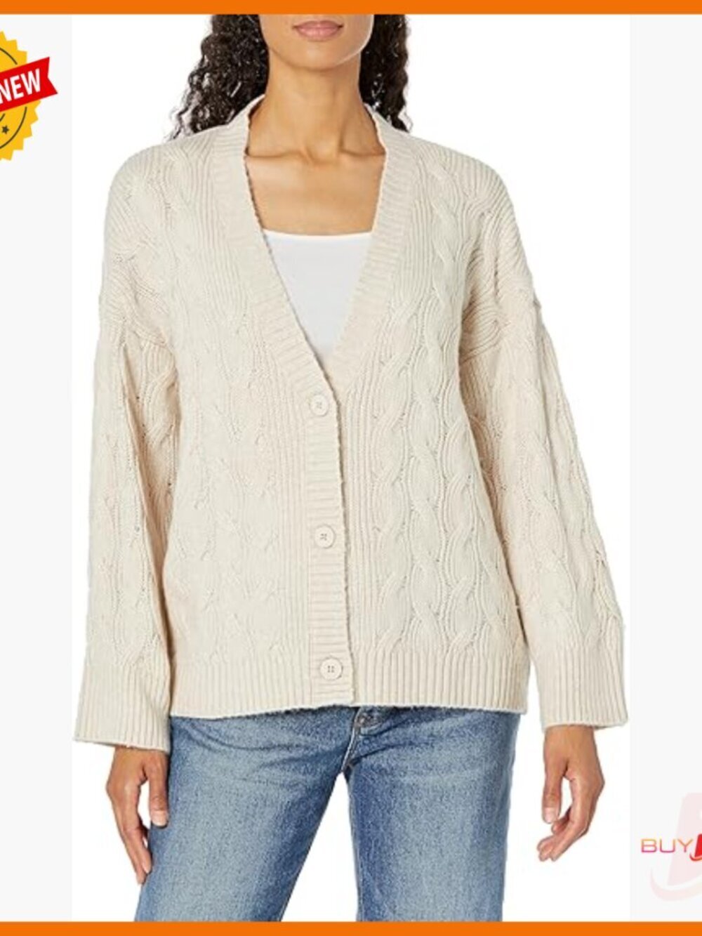 Wool Blend Cable Knit Cardigan, Three Button Closure, Women's Sweater